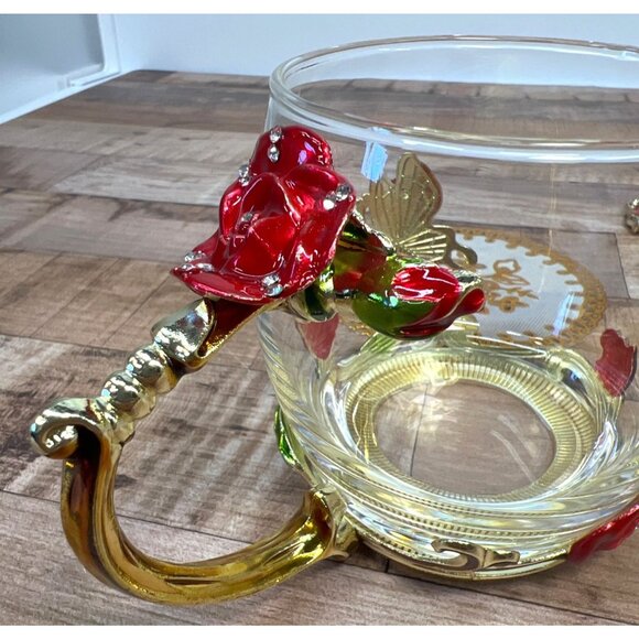 ARC Glass Mug Cup with Metal Red Roses & Butterfly and Spoon - Picture 7 of 8